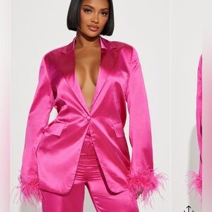 Fashion Nova Vibrant Pink Feather-Accent Blazer